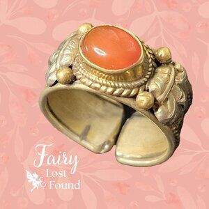 Vintage Brass & Silver tone Adujstable Boho Ring with Faux Cornaline